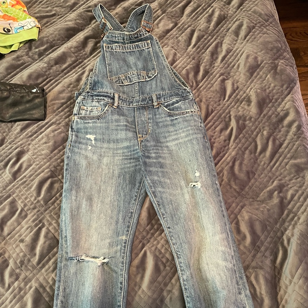 Denim distressed overalls